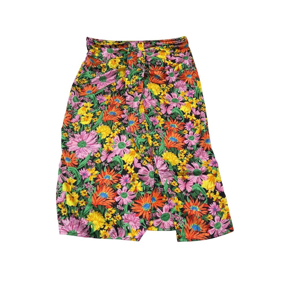 Vintage Floral‎ Midi Skirt With Tie Waist Satin Women's Size M Large